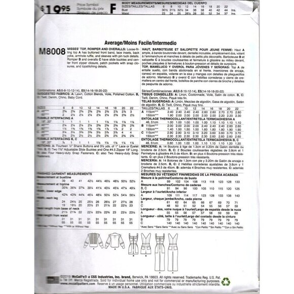 McCall's M8008 Misses 6 to 14 Top, Romper and Overalls Uncut Sewing Pattern - Picture 2 of 2